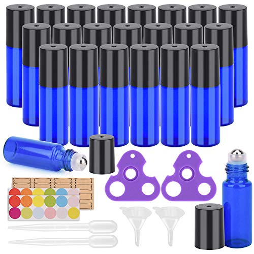 Essential Oil Roller Bottles 24 Pack Blue Color 5ml Glass Roller Bottles (95 Pieces Labels, 2 Opener, 4 Funnels, 4 Dropper) Roller Balls for Essential Oils, Roll on Bottles