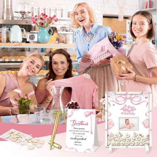 Image of Beeveer 65 Pcs Pink Bow Baby Shower Guest Book Alternatives Coquette Baby Shower Sign in Guest Book Decoration Pink Bow Decorations with Photo Frame and 60 Wood Heart Slices Keepsakes Gifts for Guests