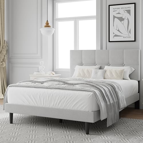IOILORI Full Size Bed Frame, Full Size Platform Bed Frame with Headboard, Fabric Upholstered Headboard, Sturdy Wood Slats, No Noiseless, No Springs Required, Easy to Assemble, Gray