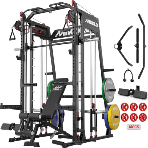 Image of Mikolo M4 2.0 Smith Machine, 2200lbs Squat Rack with LAT-Pull Down System & Cable Crossover Machine, Training Equipment with Leg Hold-Down Attachment