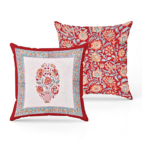 Image of BLOCKS OF INDIA Hand Block Printed Cotton Linen Cushion Cover (16 X 16 Inches) (Red Motifs), 250 TC