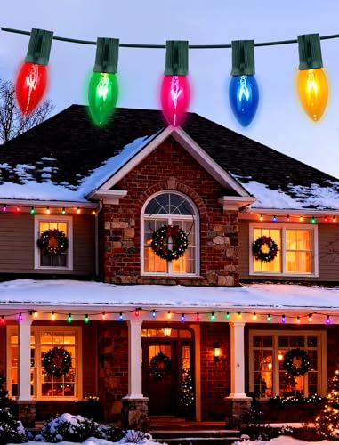 Hobbynors 30-Pack C9 Incandescent Replacement Bulbs (Transparent Glass), Vivid Multicolor Christmas Light Bulbs for Bright Holiday Decorations, E17 Base, 7 Watt