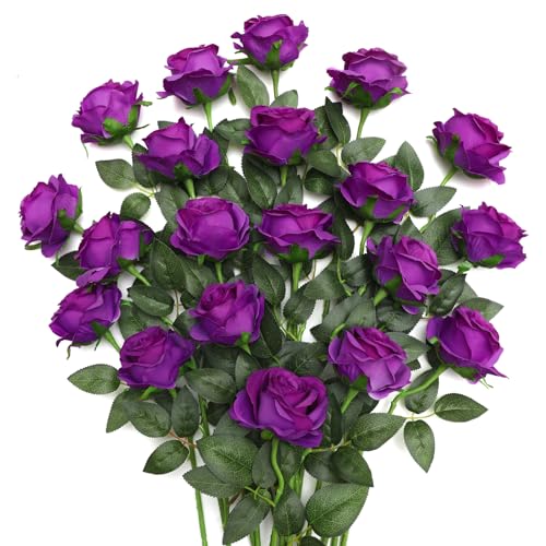 JUSTOYOU 20 PCS Purple Rose Artificial Flower,Silk Blooming Rose with Stem,Artificial Rose Bouquet Realistic Flower for Home Table Office Party Wedding Garden Arrangements(Blossom Roses purple)