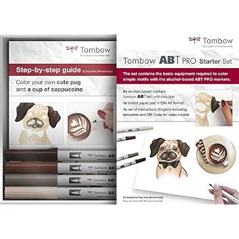 Tombow ABTP-4P-MARK, Starter Set mit 4 Alkoholbasierter Marker ABT PRO + Bristol Block DIN A5 Cover