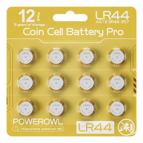 LR44, POWEROWL Pilas de Botón LR44 1.5V Alcalina para Relojes, Calculadoras y Juguetes, Paquete de 12-Amarillo