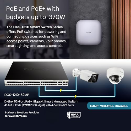Image of D-Link 52-Port Gigabit Smart Managed PoE+ Switch | 48 PoE+ Ports (370W) + 4 Combo SFP Ports| L2+ |VLANs |Web Managed |Surveillance Mode | Rackmount | NDAA Compliant | Lifetime Warranty (DGS-1210-52MP)