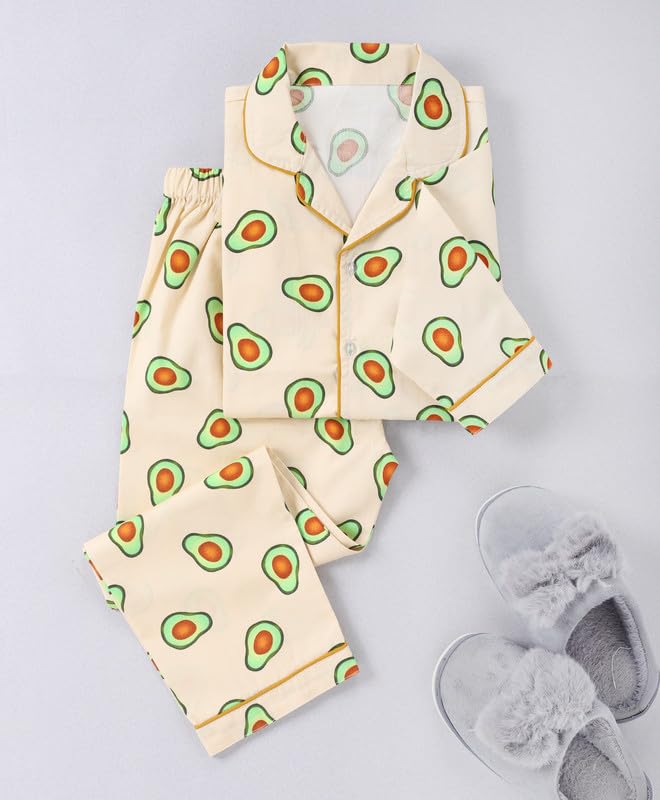 Image of Girls Premium Cotton Full Sleeves Printed Nightsuit Set | Collar Style Night Dress for Girls | Soft & Breathable Pajama Set | Trendy Kids Sleepwear & Nightwear