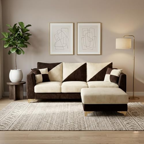 Image of Juliet 4 Seater L Shape Sofa Set with Movable Ottomans | Flexible Layout | Rich Velvet Suede Fabric | Silver Legs | Dual Tone Modern Sofa for Living Room (Dark Brown-Cream)