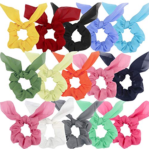 Bow Scrunchies For Hair, 15Pcs Chiffon Scrunchies Silk with Bow, Youth Bright Color Scrunchies Ponytail Holder, Hair Ties Ropes, Rabbit Bunny Ear BowKnot Scrunchies Hair Accessories for Girl Teens