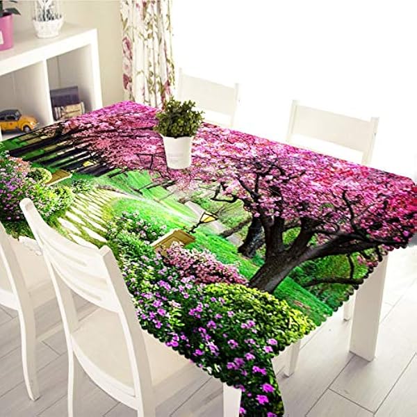 Rectangle Tablecloth in Washable Polyester Dinning Table Cloth Waterproof Garden Cherry Tree Tablecloth Rectangle End Table Pink Green 152x228CM