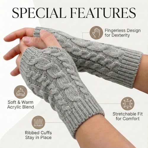 Image of Kraptick Women's Cable Knit Fingerless Gloves - Winter Soft Woolen Arm Warmers with Thumb Hole - Thermal Half Finger Mittens for Typing, Driving & Texting (Free Size, Khaki)