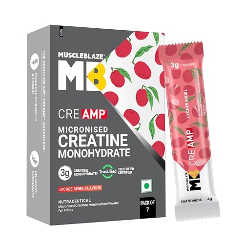 Image of MuscleBlaze Micronised Creatine Monohydrate CreAMP Powder, 7 Sachets | Lychee Swirl | Trustified Certified Creatine