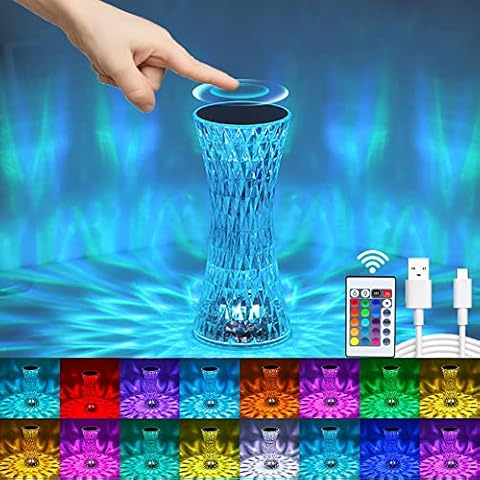 KIPIDA LED Crystal Table Lamp, Bedside Lamp, Rose Crystal Lamp, 16 Colours, 4 Modes, Touch Control with Remote Control, RGB Colour Changing Night Light for Bedroom, Living Room, Party Cover