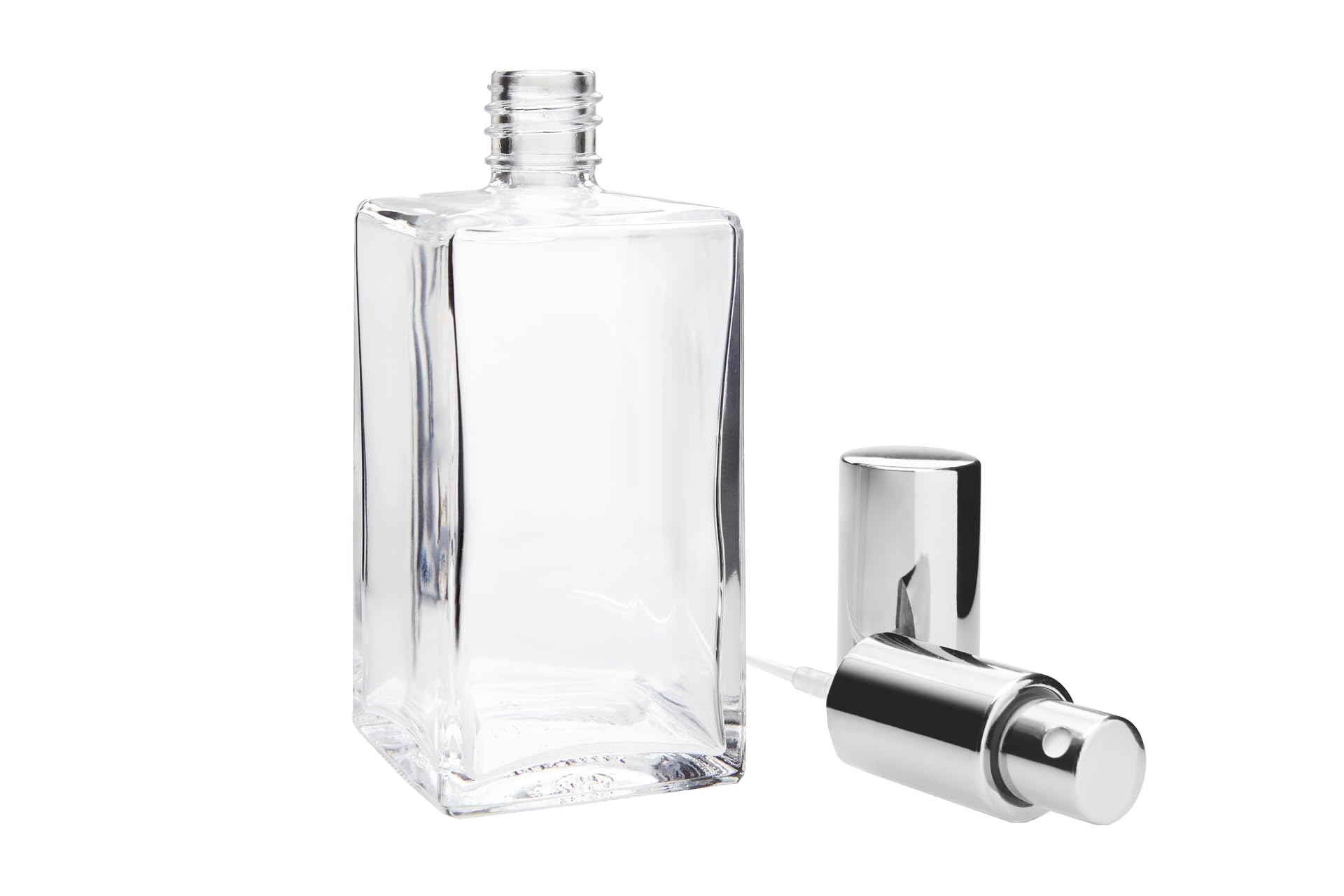 Marka Atomizer Fantasy Model Przezroczysty szklana butelka, kwadrat z rozpiętą Atomizer + Srebrna pokrywa, za 100 ml, wysokość 13 cm