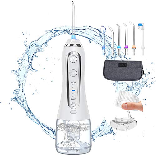 Munddusche Elektrische Wasser Flosser mit 5 Modi und 6 Düsen kabellos Oraler Irrigator IPX7 Wasserdicht Zahnreiniger mit 300ML Wassertank für Zuhause, Reise
