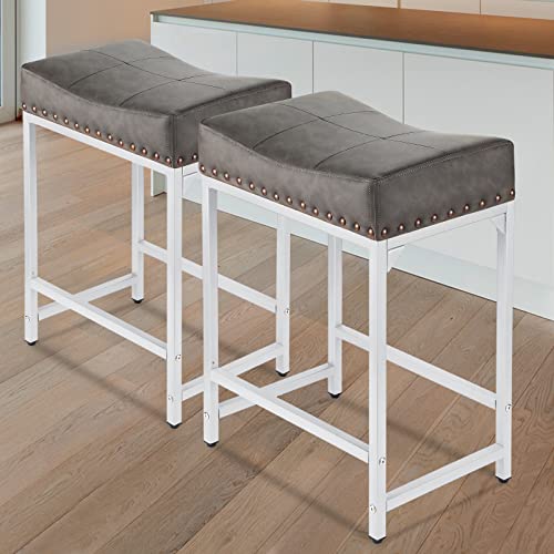 Bar Stools Set Of 2, Counter Height Bar Stools With Soft Cushion Bar Stools ​And Barstools Steel Frame, 24" Modern Saddle Stool For Bar, Stools For Kitchen Counter Support 300 Lbs (Grey+White) #TOP6