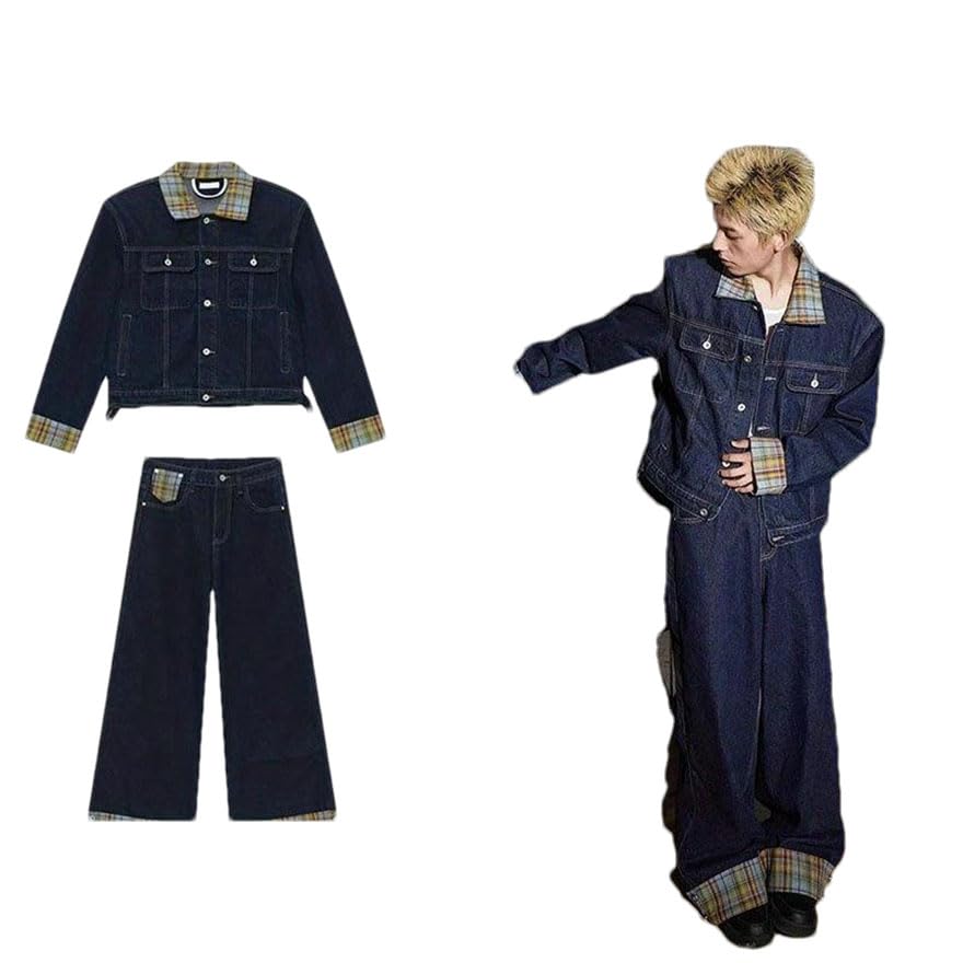 Men Denim Set Loose Spliced Denim Coat Vintage Design Plaid Irregular Jeans Pant Punk Retro Pockets Suit2