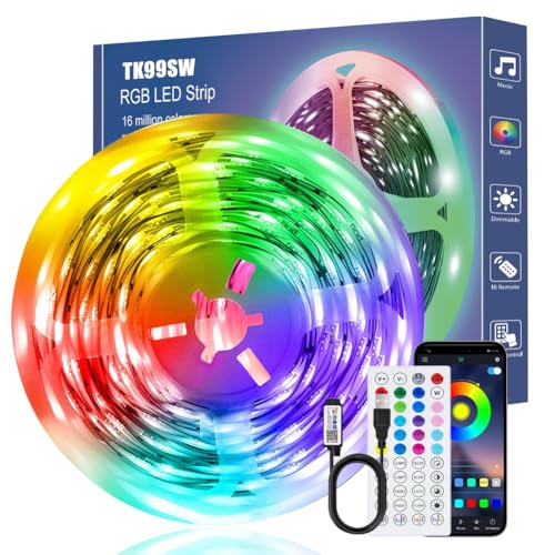 TK99SW LED Strip Lights 8M, Bluetooth RGB Light Strips with Remote & App, Colour Changing Tape Lights, Music Sync Built-in Mic, USB Powered for Bedroom, Living Room, Kitchen, Ceiling & Party Decor