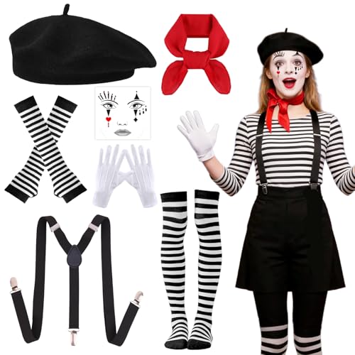 7Pcs Pantomime Kostüm Damen Herren Faschingskostüme Erwachsener Zubehör mit Baskenmütze Armstulpen Overknee-Socken Hosenträger Rote Schal Handschue Gesichtstattoo für Karneval Mottoparty Halloween