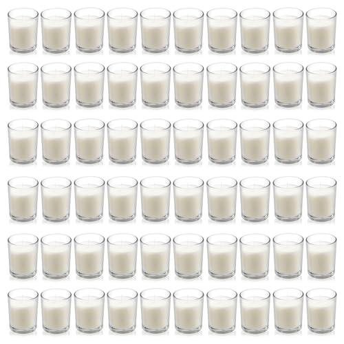 Image of Housecret 60 Pack Warm White Unscented Clear Glass Filled Votive Candles. Hand Poured Wax Candle Ideal Gifts for Aromatherapy Spa Weddings Birthdays Holidays Party