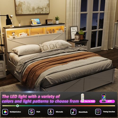 Image of Vabches Farmhouse Full Size Bed Frame with 48 inch Tall Storage Headboard, Wood Bedroom Platform Bed Frame No Box Spring Needed, 4 Storage Drawers Underneath, Adjustable LED Lights, Charging Station