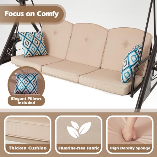 Image of ZZW 800LBS Patio Swing with Canopy 3 Seat Outdoor Porch Swing with Stand w /Cup Holder & Pillow Glider Chair Swing Bed for Patio Backyard Poolside (Khaki)