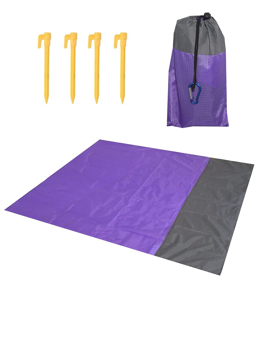 Beach Blanket Picnic Blanket, Waterproof Sand proof Water Resistant Beach Mat with 4 Fixed Nails, Reinforced Edging for Beach, Camping, Hiking and Grass Trips (S - 145cm x 150cm, Purple/Grey) — image 1