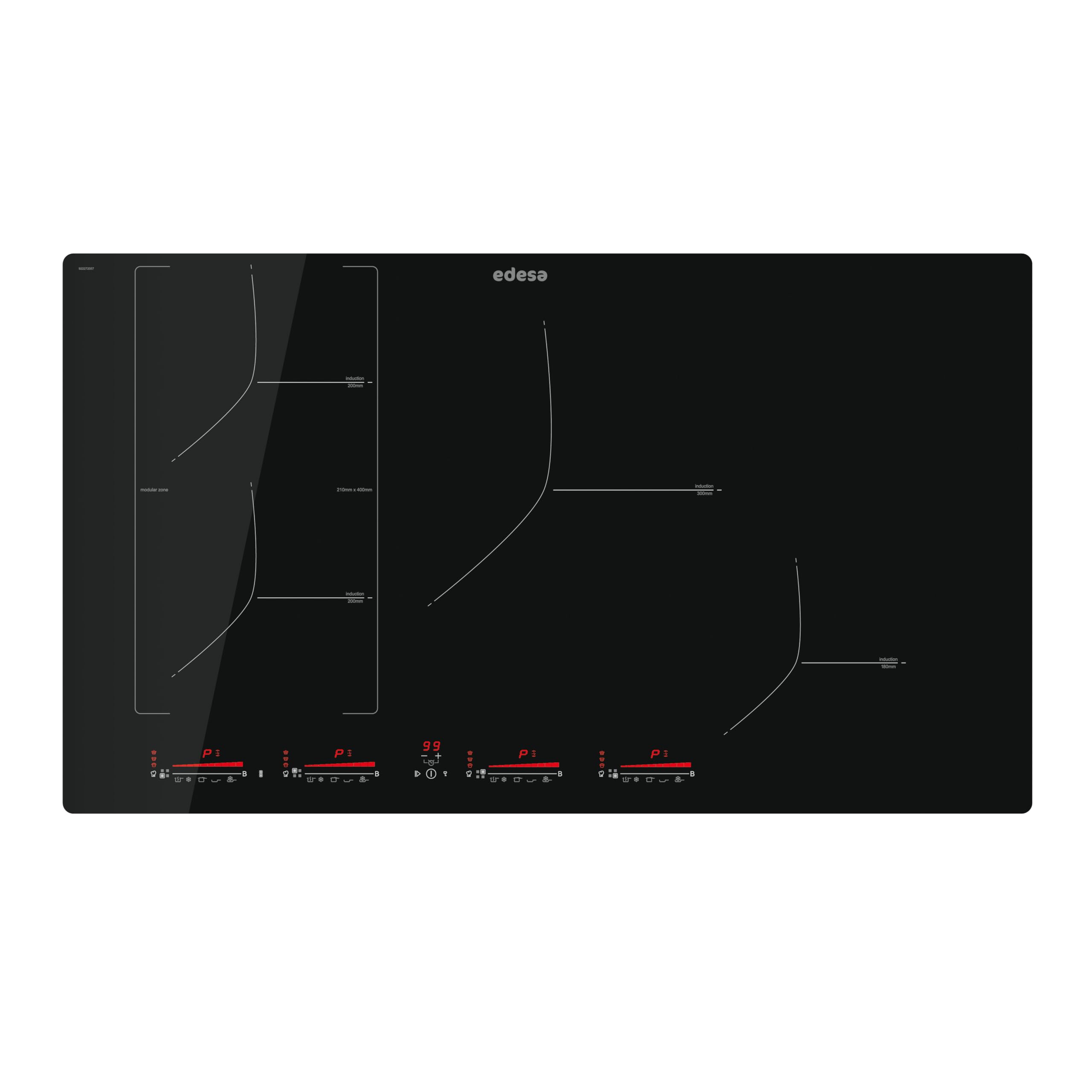 Placa de Inducción Edesa EIM-8430 R 85cm, Borde Redondeado, Panel Control Multi Slider Touch, 9 Niveles de Potencia, Booster, Bloqueo Seguridad, Gran Potencia 7,2 kW, Negro