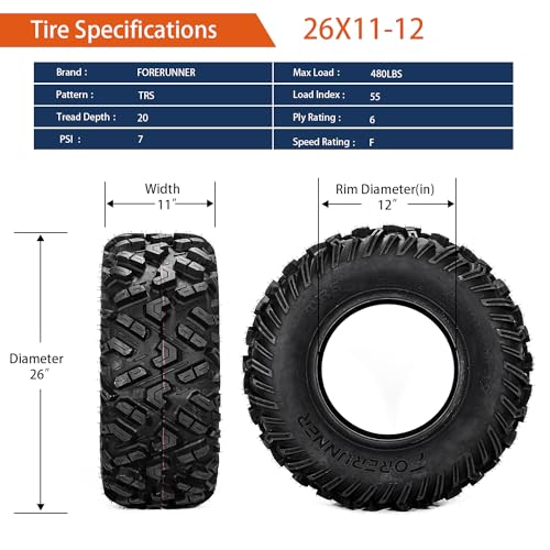 Image of FORERUNNER 26x11-12 ATV Tires, All Terrain TRS (Pack of 2, Tubeless) | FORERUNNER 6PR 26x11-12 ATV UTV Trail Mud Sand Off-Road Tires