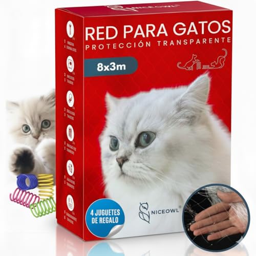 NICEOWL® Red para Gatos Terraza 8x3m Transparente I Malla Resistente y Duradera I Red de Proteccion para Gatos para Terraza, Balcon, Ventanas, etc.