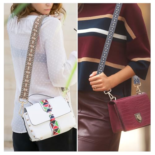 Image of 2 PCS Purse Strap, 1.5 inch Wide Shoulder Strap Adjustable Replacement Crossbody Bag Strap, Retro Multi-Pattern Lozenge Pattern Handbag Strap, Wide Adjustable Strap for Purses & Shoulder Bags (Gold&Blue)