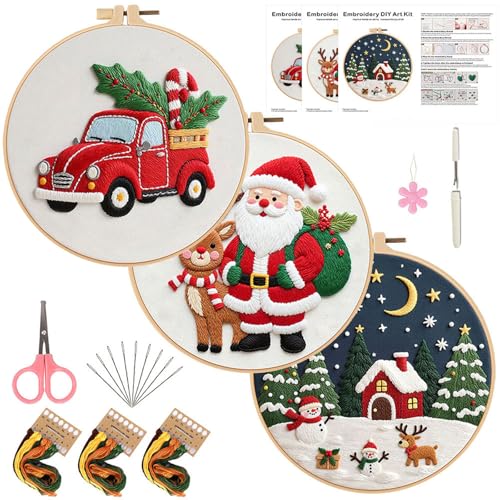 FEIYUENO 3 Pack Christmas Embroidery Starter Kit for Beginner Adults | 3 Sets Sa...