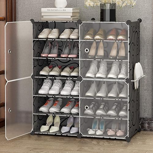 Image of Zemic DIY Portable Shoe Rack for Home Plastic Shelves Household, Shelf Shoe Rack with Dustproof Door for Heels /Slippers /Boots for Entryway or Bedroom (Black, 12-Shelf-4-Door)