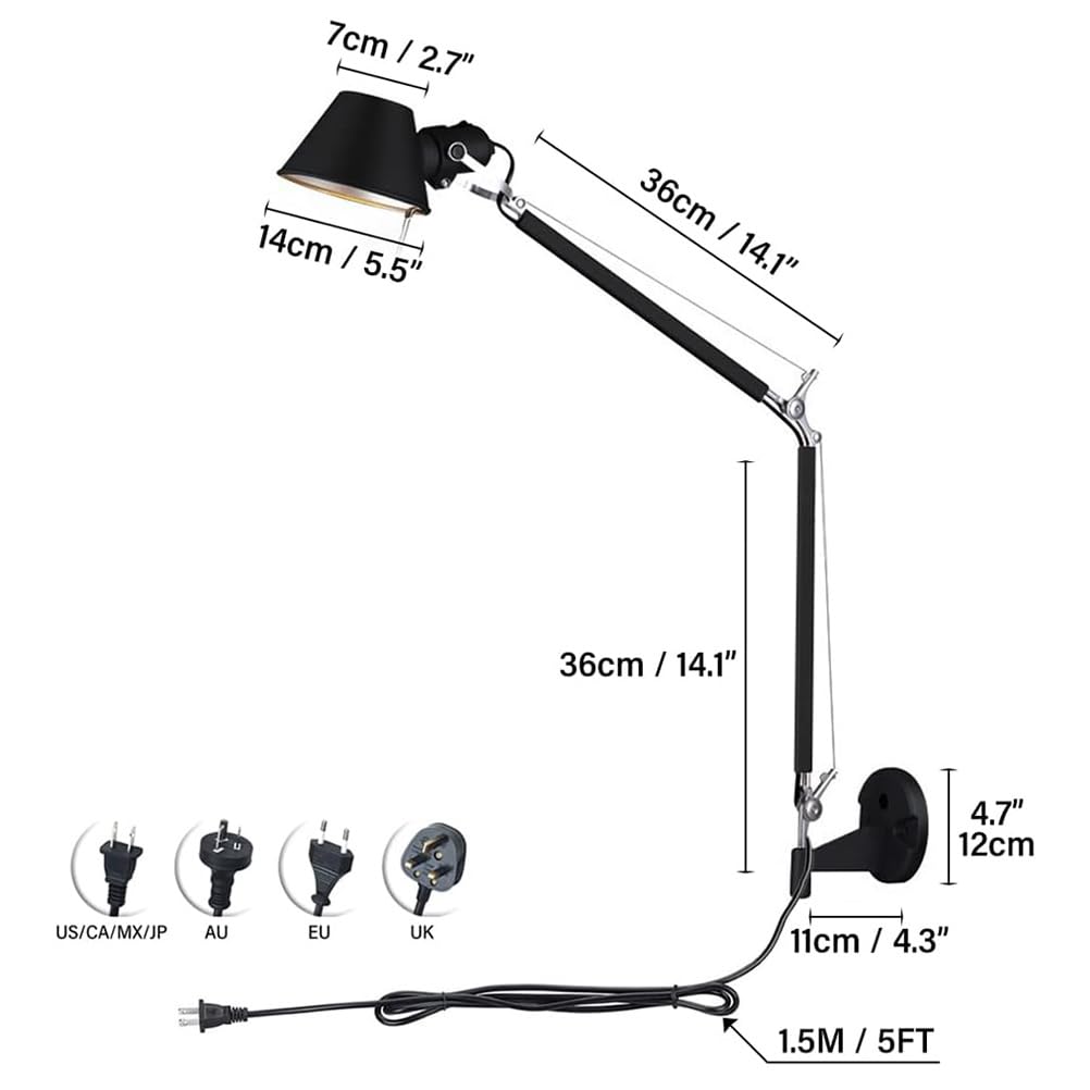 AoLa Wandleuchte Verstellbar Vintage Schwenkbar Wandlampe mit Schalter und Stecker Innen E27 Lange Arm Wand Leselampe Drehbar Schwarz Nachttischlampe mit 1.5M Kabel, für Schlafzimmer Wohnzimmer,36CM