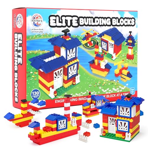 Image of RATNA'S Elite Building Blocks, 130 Interlocking Pieces Educational Construction Blocks for Kids 3+ Years, Creative Learning Toy to Make Multiple Structures & Objects