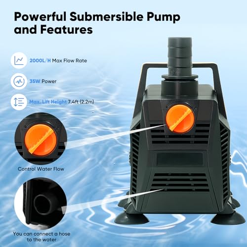 Wasserfall Teich für Gartenteich, 20cm Teichwasserfall Set Edelstahl mit 35W 2000 L/H Teichpumpe, Pool Wasserfall für Wasserspiel Patio Wasserwand Terrasse Gartenbrunnen für Außen