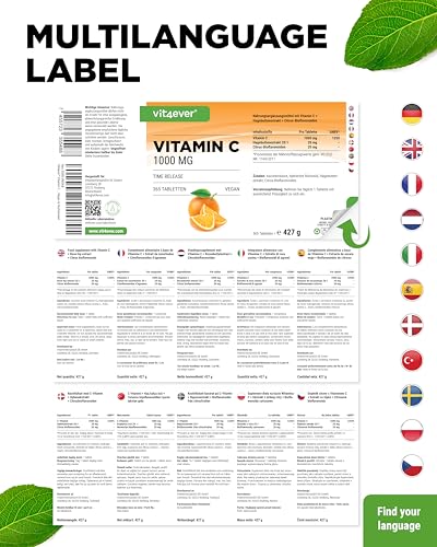 vit4ever Vitamin C 1000 mg - 365 Tabletten im Jahresvorrat - Time Released Effekt - Laborgeprüft - Vitamin C + Hagebuttenextrakt + Citrus-Bioflavonoide - Vegan - Hochdosiert