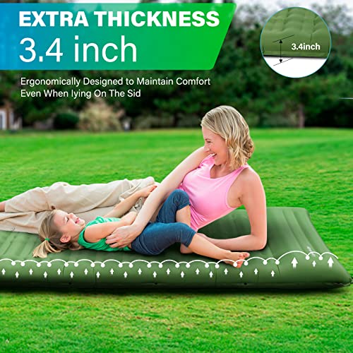 Airensky Camping Sleeping Pad, Extra Large(76\"x 26\") Camping Mat with Built-in Foot Pump, Thick 3.4\" Ultralight Self Inflating Air Mat, Perfect for Car Travel, Hiking, Backpacking Green