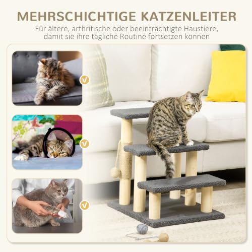 PawHut Katzentreppe 3 Stufen für Katzen bis 5 kg 45 x 40 x 48 cm Grau+Natur