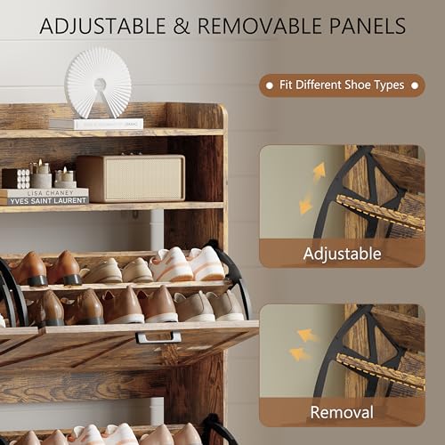 Image of Shoe Cabinet with 4 Flip Drawers, Freestanding Hidden Shoe Storage Organizer for Entryway, Narrow Slim Shoe Rack Cabinet with Open Storage & Hooks for Front Door Entrance, Living Room, Hallway, Brown