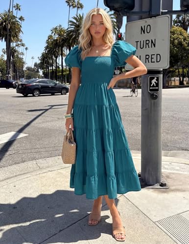 Image of ZESICA Women's 2026 Summer Puff Sleeve Midi Dress 2026 Boho Solid High Waist Flowy Beach Wedding Guest Long Dresses