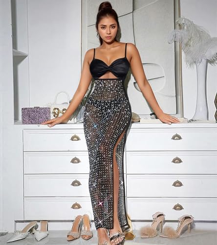 Image of Jigfar Women Sexy Elegant Rhinestone Mesh See Through Party Club Night Split Bodycon Formal Maxi Dress