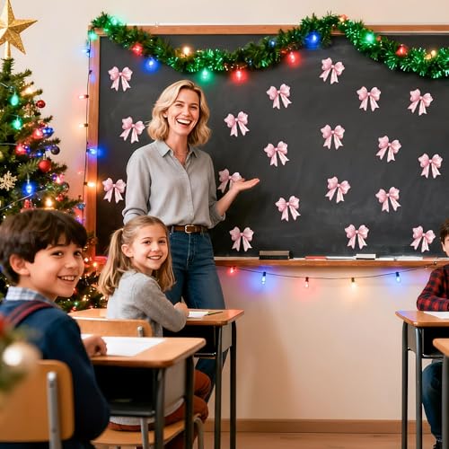 Image of Snowflake Pink Bow Cutouts - 100Pcs Winter Glitter Bow Snowflake DIY Paper Cuts Party Decors Bowknot Shape Cutout Bulletin Board for Winter Xmas Birthday Party Classroom Home Decoration Favor
