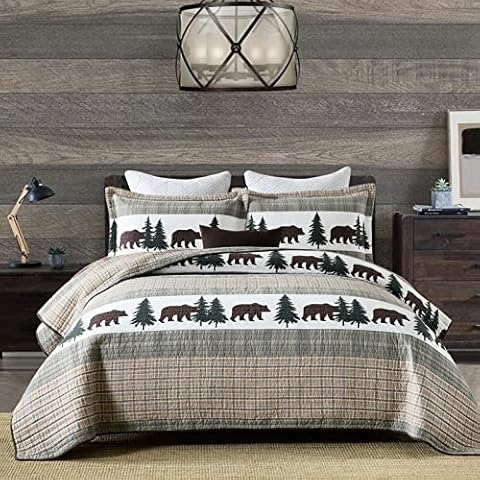 Quilts Queen Size Cabin Plaid Queen Quilt 100% Cotton Reversible Rustic Lodge Queen Size Quilt, Lightweight Farmhouse Bedspreads Queen Size with 2 Pillow Shams Cover