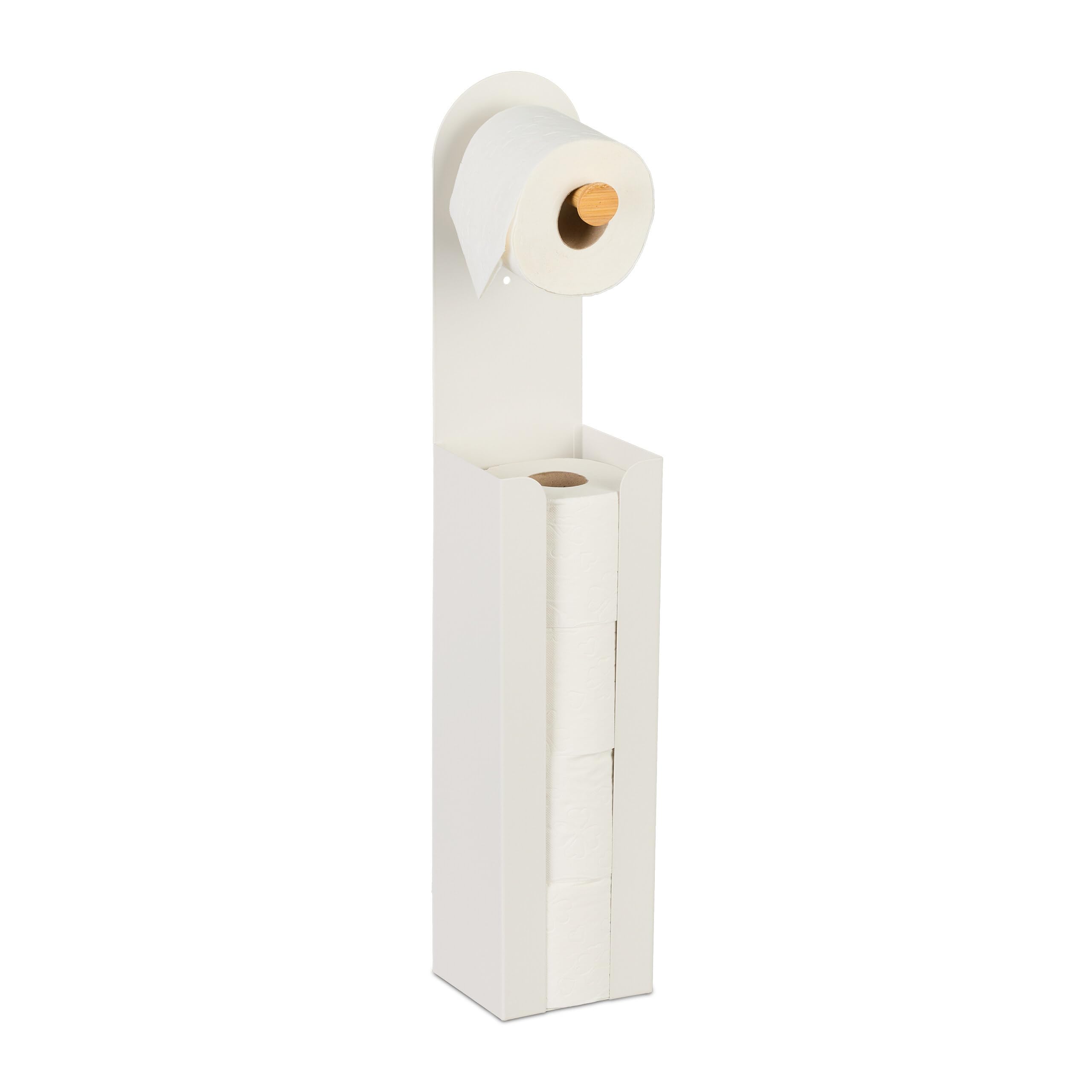 Relaxdays freestanding toilet roll holder, HxWxD: approx. 66x12x11cm, iron & bamboo, toilet paper storage, white/natural