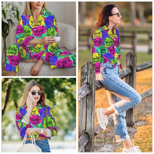 Image of Women'S Long Sleeve Pajama Set Soft Loungewear Button-Down Top & Elastic Waist Pants S- 2XL
