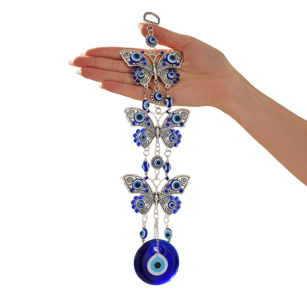 Turkish Feng Shui Vastu Blue Glass Evil Eye Hanging/Door Hanging Nazar Batu for Protection and Good Luck - Perfect for Gifting Home or Office (3 Layer BFLY)