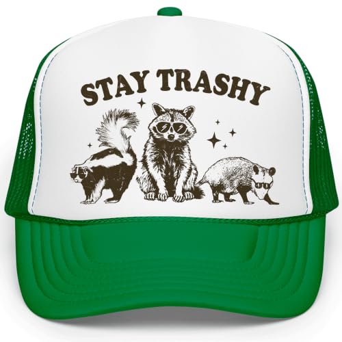 Image of Stay Trashy Funny Raccoon Graphic Classic 5 Panel Mesh Snap Back Trucker Hat