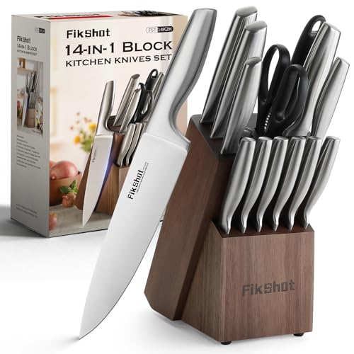FIKSHOT 14 Pieces Knife Block Set German Stainless Steel with Sharpener