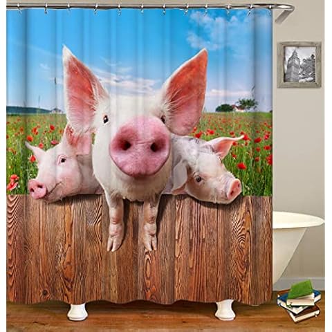 Fabric Shower Curtain, Charming Three Little Pigs on The Farm Funny Polyester Designer Cloth, Print Decorative Bathroom Curtains Include Hooks Set(72?w by 72?L) (WJ604) Cover